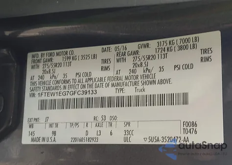 2016 Ford F-150 Platinum из США, поврежденный, VIN 1FTEW1EG7GFC39133